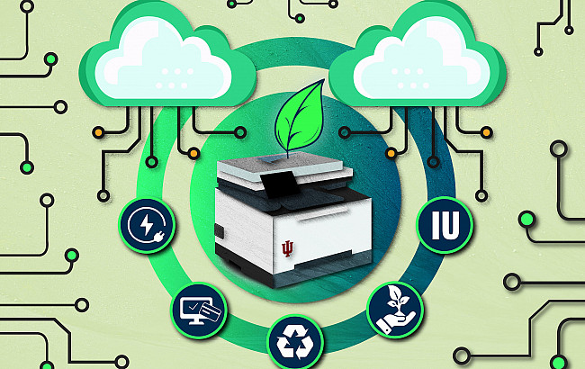 Illustration of the concept of sustainable printing showing a printer, a green leaf, and various printing related icons.
