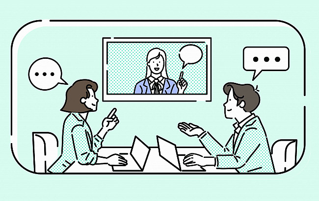 Illustration: A videoconference with two people in a meeting room and one person on the screen.