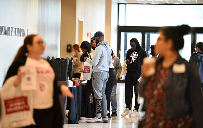 People gathered in Wiekamp Hall at IU South Bend