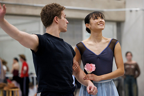 Indiana University students Aram Hengen, left, and Ruth Connelly rehearse a scene from Star on the Rise: La Bayadère ... Reimagined. Pho...