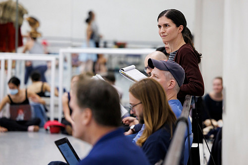 Indiana University Jacobs School of Music Ballet Department Chair Sarah Wroth, a professor of music in ballet, watches a rehearsal of Sta...