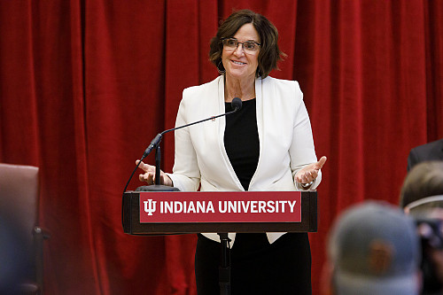 Indiana University Trustee Melanie S. Walker speaks during a press conference at IU Bloomington on Friday, April 16, 2021. Photo by James...