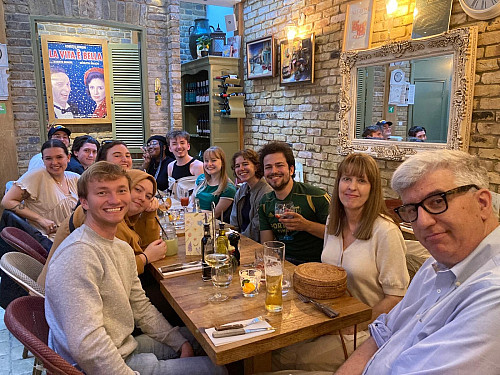    Students and their faculty chaperones enjoy a meal together in London during The Media School's six-week Honors Summer in London progr...