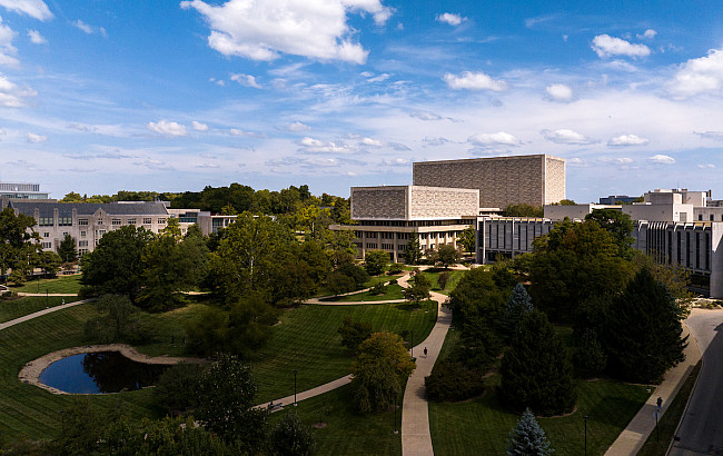 The Herman B Wells Library rises above the arboretum at IU Bloomington on Wednesday, Sept. 20, 2023. (Photo by Chris Meyer/Indiana Univer...
