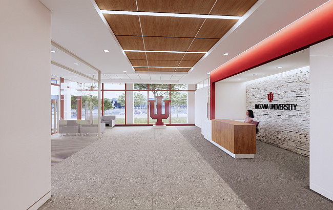 Artist's rendering of the lobby of a modern office building with an IU Trident in the middle.