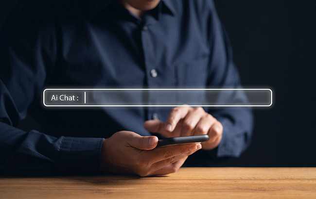 A person holding a smart phone overlaid with a window that says AI chat