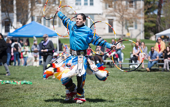A hoop dancer at the 2017 IU Powwow