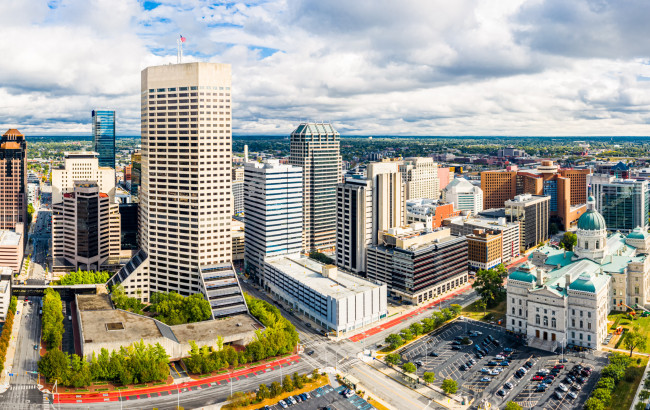Drone view of the Indianapolis downtown area and the Statehouse.