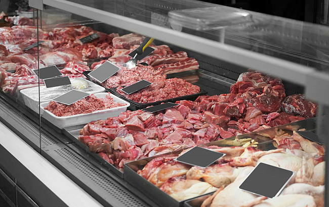 Fresh meat in a supermarket display cooler.