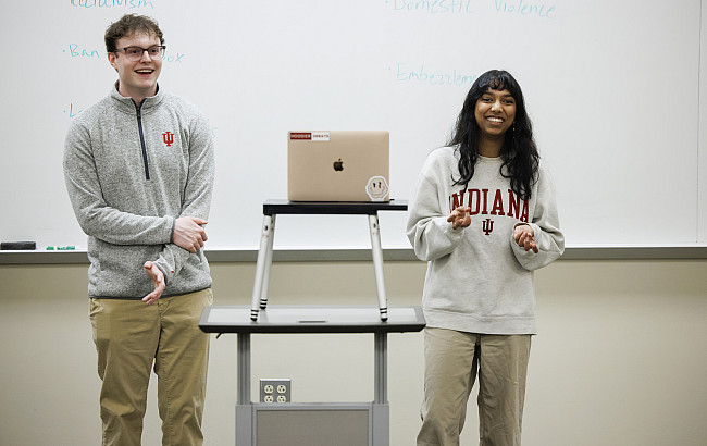 IU Debate team president Zander Fish, left, and his debate partner Vishnu Midithuri prepare for a debate with a National Prison Debate Le...