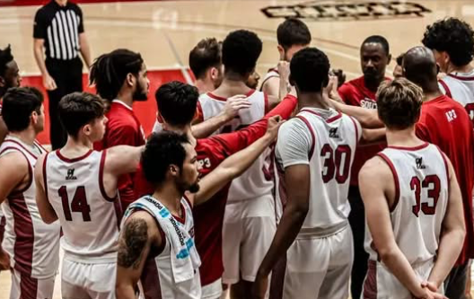 basketball players with hands reach into center of group.