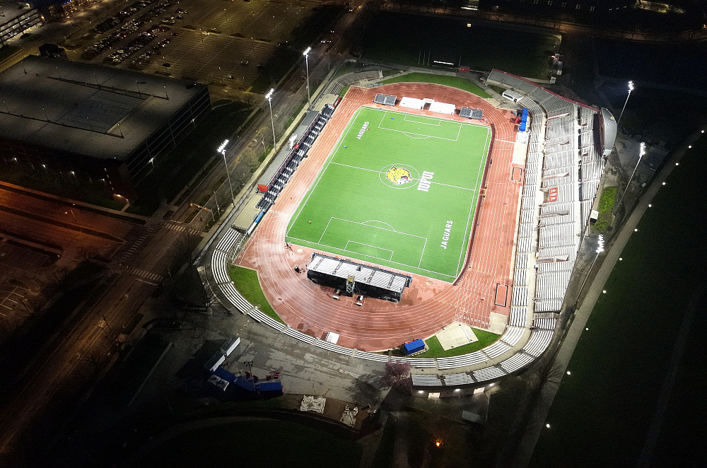 Aerial view of Carroll Stadium at night