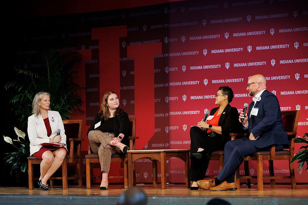 The Thrive Conference's keynote panel included, from left, IU Vice President for Student Success Julie Payne-Kirchmeier, Indiana Com...