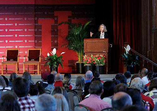 IU President Pamela Whitten welcomed participants and spoke about the importance of their roles in student success. Photo by Wendi Chitwo...