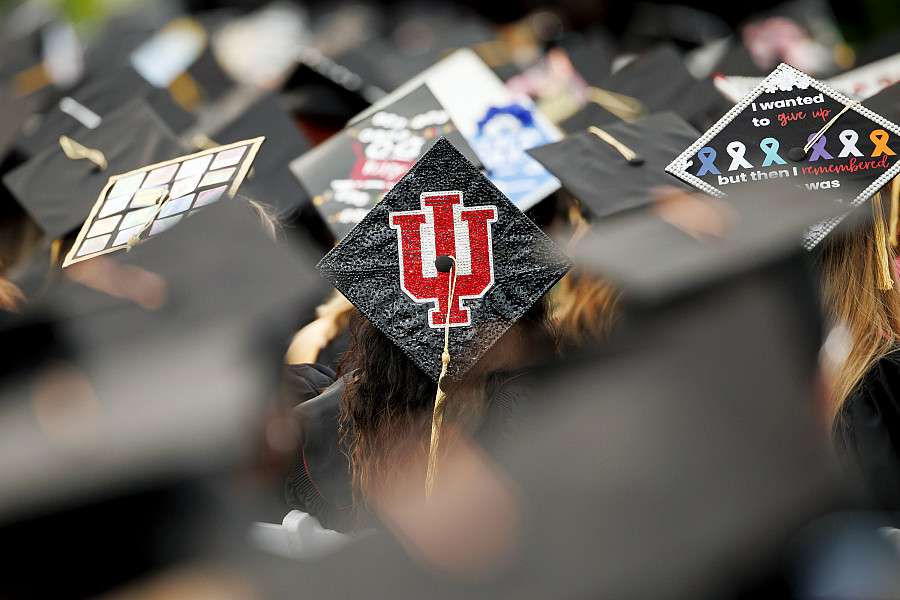 Decorated mortarboards at the 2025 IU Indianapolis commencement