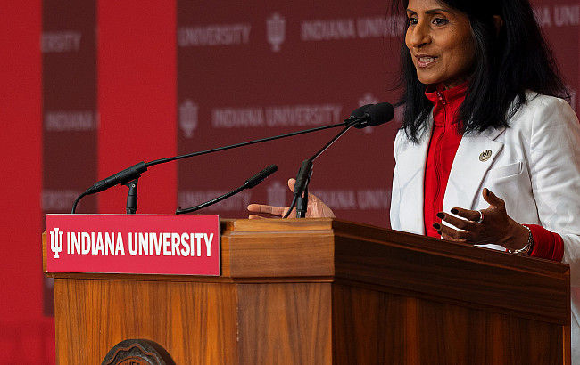 Chancellor Latha Ramchand, makes remarks during the groundbreaking of the new James T. Morris Arena at IU Indianapolis.