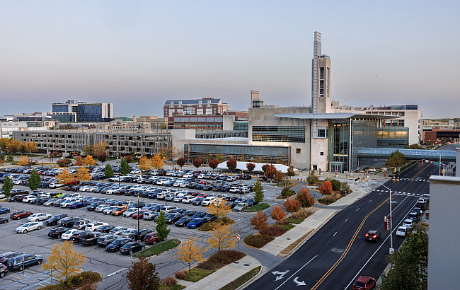 A sunrise view of the Campus Center from University Hall at IUPUI on Friday, October 14, 2022. (Photo by Liz Kaye/Indiana University)