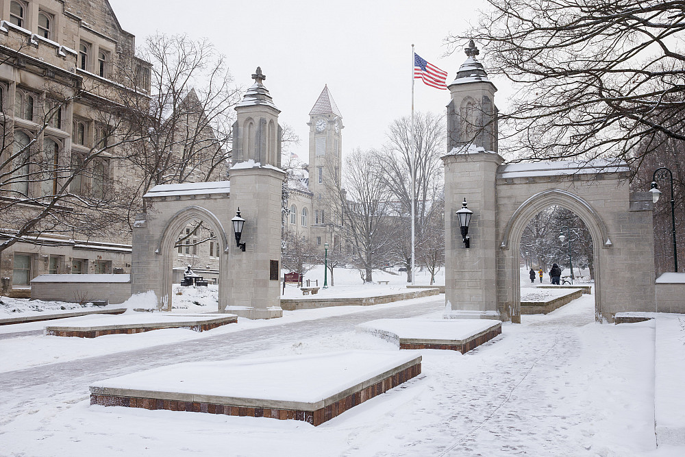 The Sample Gates are pictured on a snowy winter day at IU Bloomington on Friday, Jan. 19, 2024. Photo by James Brosher, Indiana University