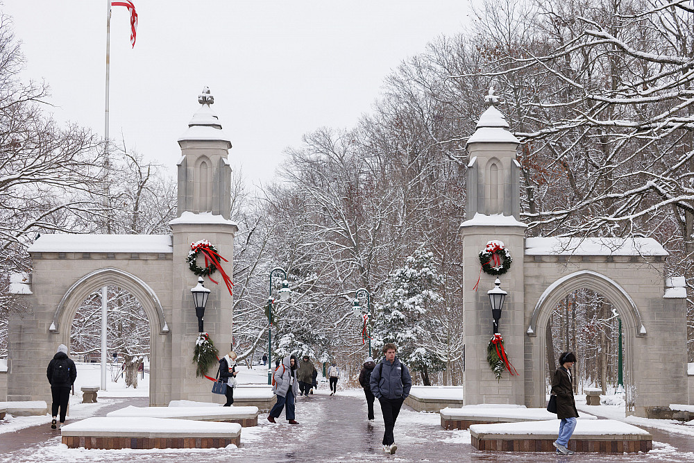 The Sample Gates are pictured on a snowy winter day at IU Bloomington on Tuesday, Dec. 2, 2025. Photo by James Brosher, Indiana University