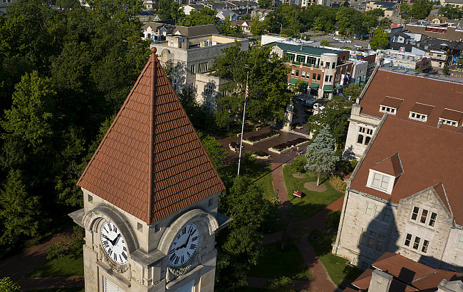 The Frances Morgan Swain Student Building clock tower at IU Bloomington on July 12, 2023. Photo by James Brosher, Indiana University