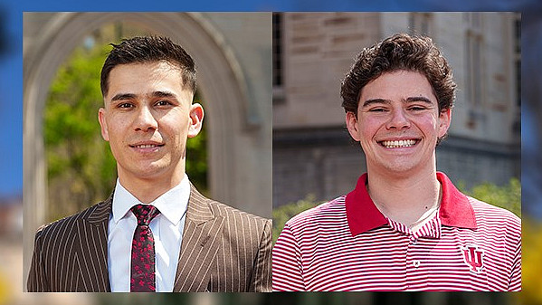 IU Bloomington graduate and undergraduate commencement student speakers, from left, Mohammad Nasir Moradi and Drew Kimble. Photos by Chri...