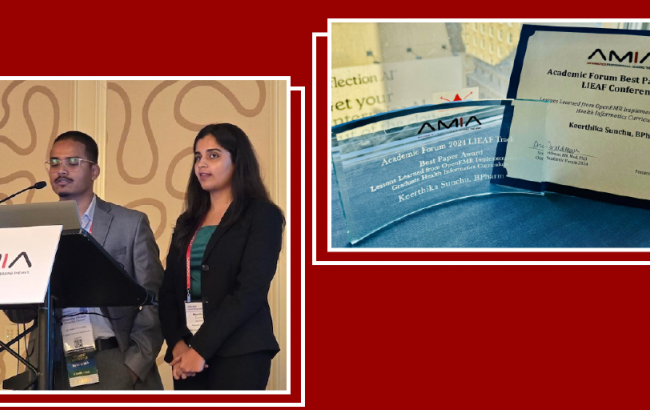 Chandra Vikram and Keerthika Sunchu stand at podium at AMIA Symposium; Keerthika Sunchu Best Paper Award