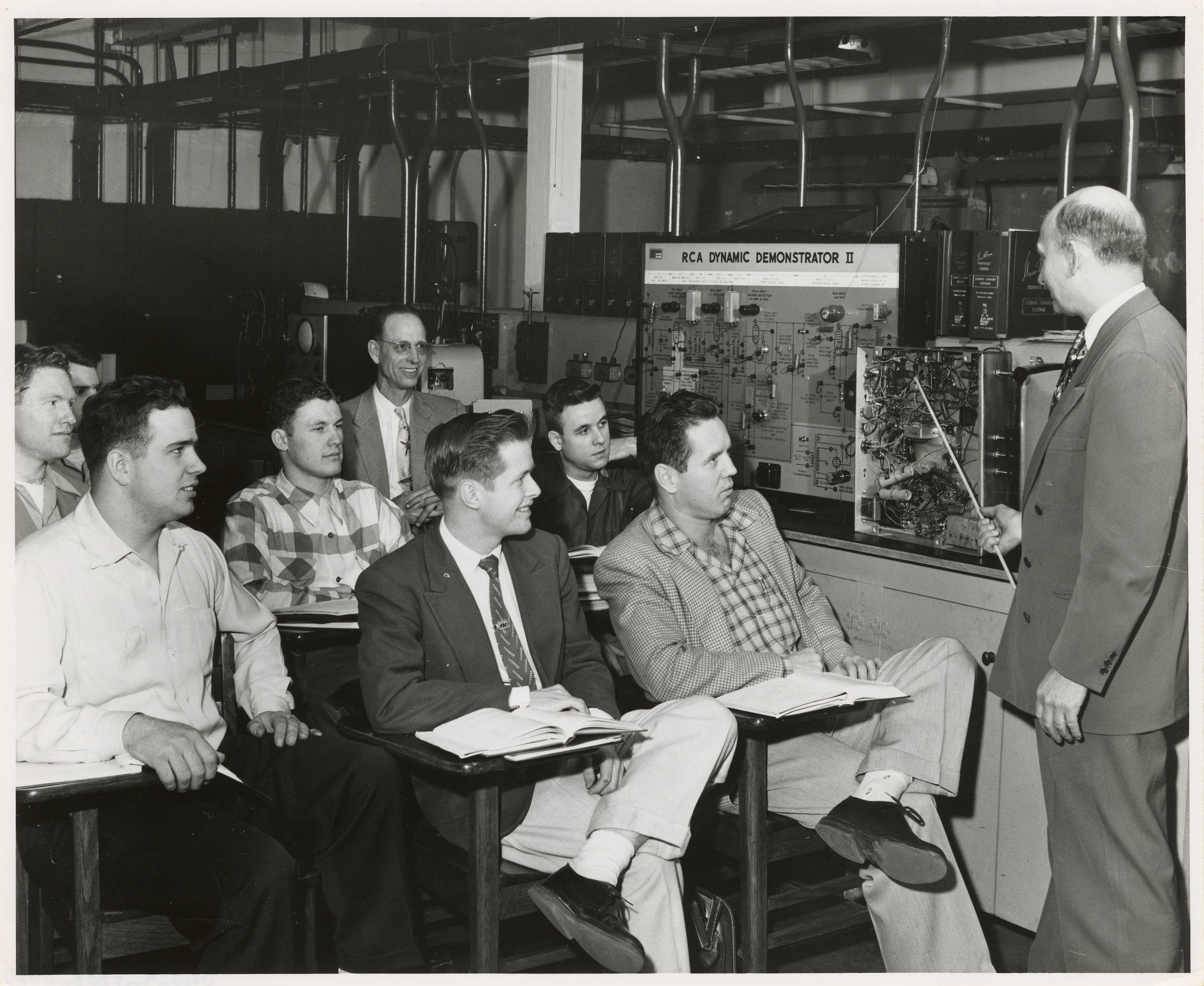 Black and white photo of students in a classroom in 1950.