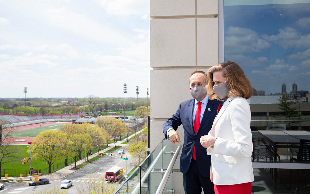 IUPUI Chancellor Nasser Paydar meets with then Indiana University President Elect Pamela S. Whitten during a tour of the IUPUI campus on ...
