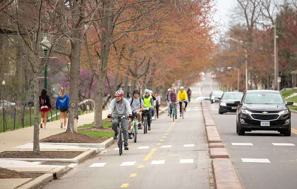 IU history bike tour at IU Bloomington on Friday, April 15, 2022. (Photo by Chris Meyer/Indiana University)