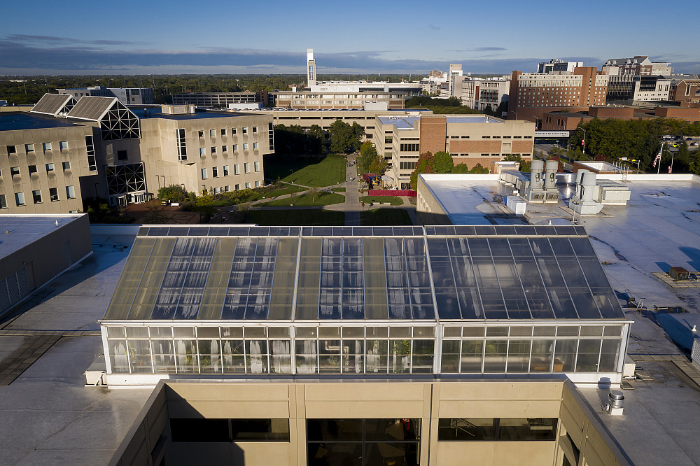 A greenhouse is part of the Indianapolis campus skyline. Photo by James Brosher, Indiana University