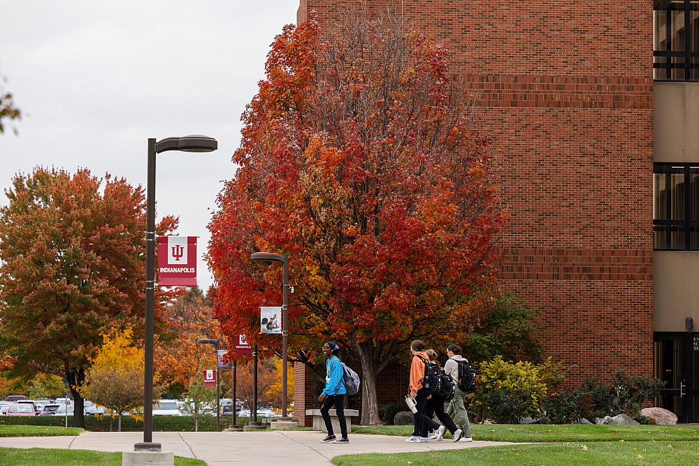 People walking on campus amid fall foliage.