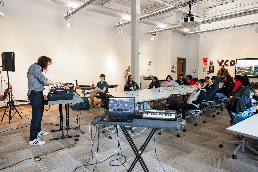 Eighth grade IPS students learned about music technology during a visit to the Herron School of Art + Design April 19. Photo by Liz Kaye,...