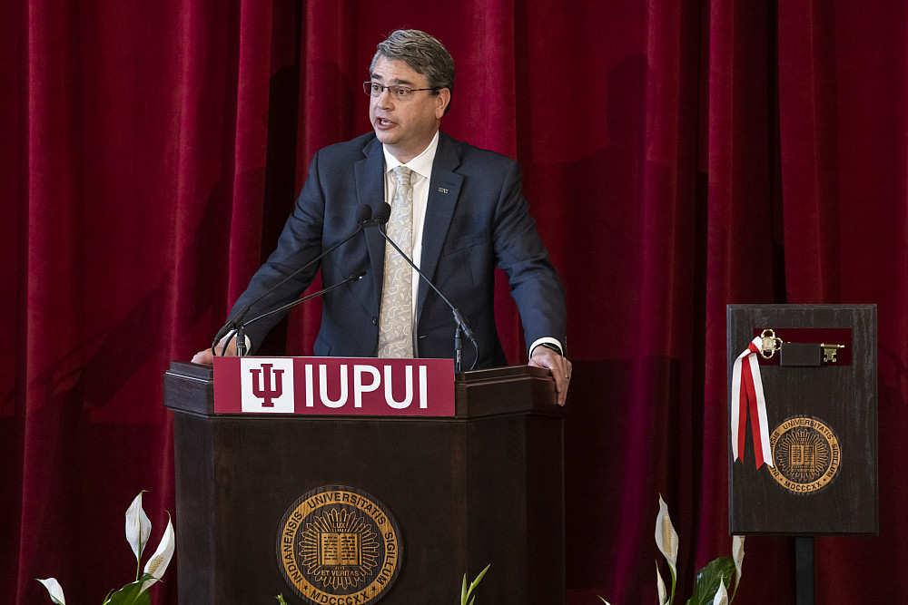 Dean David Russomanno makes remarks during the building dedication of Innovation Hall at IUPUI on Monday, May 24, 2021.