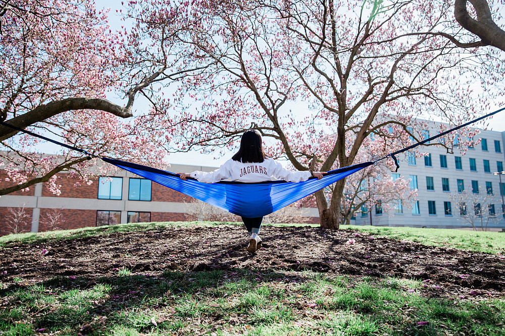 A student sits in a hammock in Magnolia Courtyard at IUPUI on March 29.