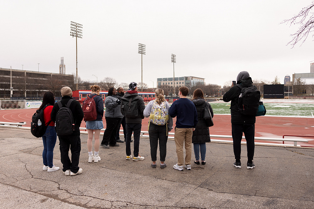 IUPUI students take a tour of Carroll Stadium.