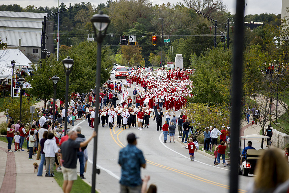 Members of the Marching Hundred perform in the Indiana University Bloomington Homecoming Parade on Friday, Oct. 15, 2021. (Photo by James...