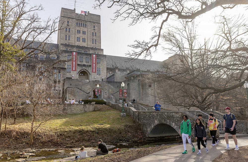 Students walk along the Campus River near the Indiana Memorial Union at IU Bloomington on Wednesday, Feb. 15, 2023. Photo by Chris Meyer,...