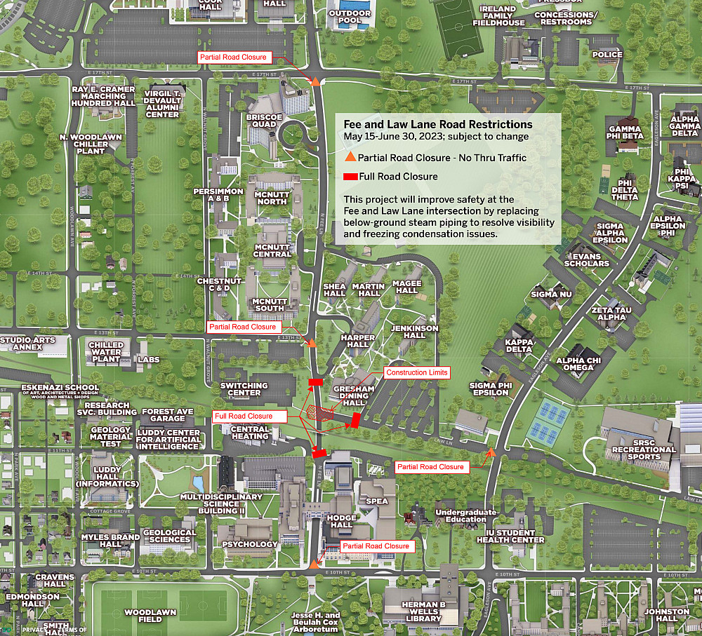 A map depicting road closures at Fee and Law lanes.