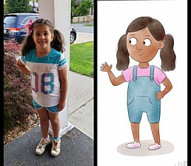 Split screen of Hannah McKee, left, next to her illustrated book likeness.