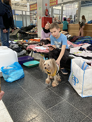 Many of the Ukrainian refugees in the transit shelter in Korczowa, Poland, evacuated with their pets. Volunteers provided animal food and...