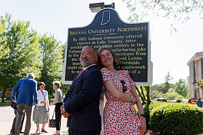 IU Northwest Chancellor Ken Iwama, left, and IU President Pamela Whitten at a public dedication ceremony for a new Indiana state historic...