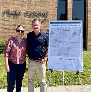 Jessica Davis, left, with DPW director Brandon Herget, at an event announcing the 2023 Indianapolis Neighborhood Infrastructure Project g...