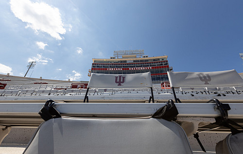 A view from the seats looking up at the Memorial Stadium press box.
