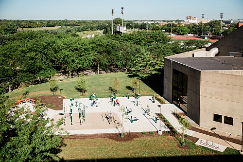 Aerial view of outdoor exercise equipment.