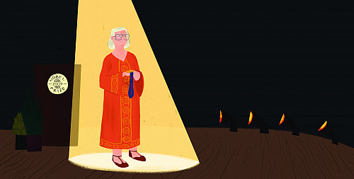 An illustration by Hannah Dickens of Elinor Ostrom receiving the Nobel Prize. Image courtesy of Indiana University Press imprint Well Hou...