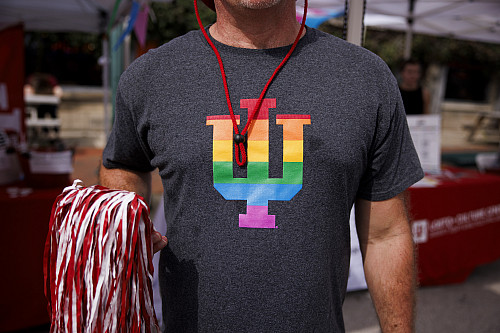 A rainbow IU trident t-shirt is pictured during Bloomington Pridefest on Kirkwood Avenue on Saturday, Aug. 26, 2023. Photo by James Brosh...