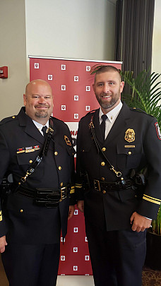 Chief Dunning stops for a photo with Lt. Brad Smoker from IUPD-East at the IU Police Academy graduation in 2021.