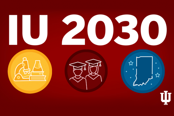 Words IU 2030 over red background with symbols for microscope, graduates and state of Indiana