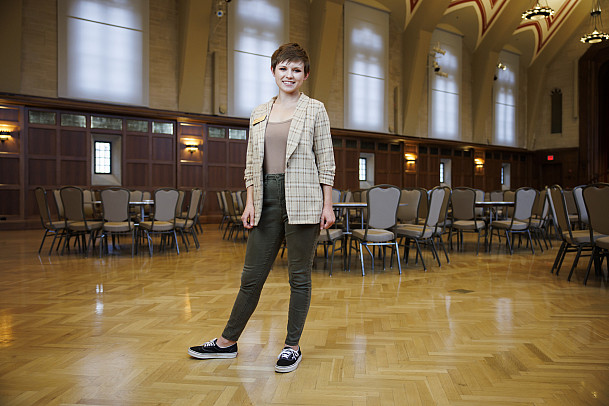 Indiana University Catering Advertising and Sales Associate Peyton Scott poses for a portrait in Alumni Hall at the Indiana Memorial Unio...