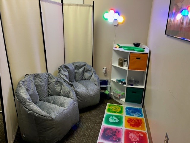Sensory corner with two bean bag chairs, multicolored rug, corner shelf with colorful bins and a multicolored fluorescent light. 